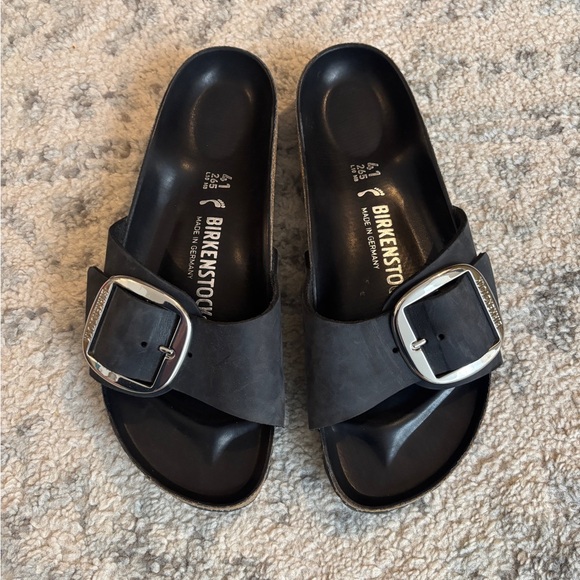 Birkenstock Shoes - Birkenstock Madrid Black Slide Sandals with Large Silver Buckles